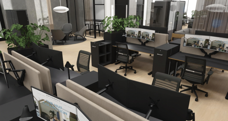 Visualisering af kontorlandskab med skærmvægge og planter i VIP-Office